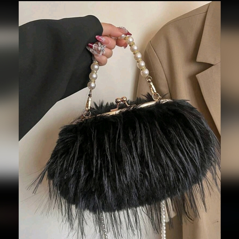 SALE ** BRAND NEW ** Elegant Black Faux Fur Handbag with Pearl Handle